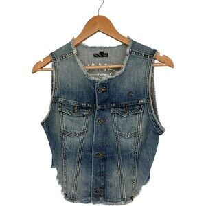Vans Denim Vest Women's Size Medium Blue Skull Graphic Raw Hem Punk Rock